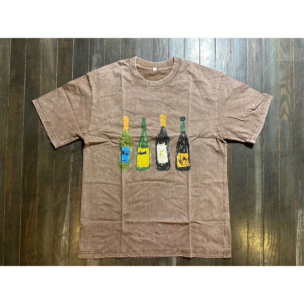 Wine Bottle Graphic T-Shirt Brown Acid‎ Wash Vintage Style Short Sleeve Tee